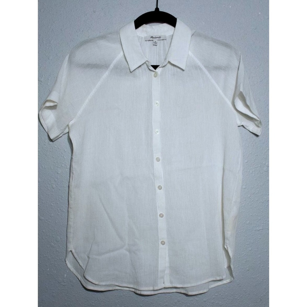 Madewell White Textured Cotton Short Sleeve Button Down Shirt XS Raglan Hem - Picture 1 of 6